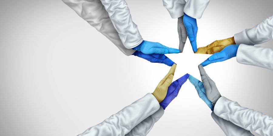 Medical star heroes and hospital worker hero as physicians joining hands forming a winning shape with a medicine group celebrating the group effort in fighting disease together metaphorin a 3D illustration style.